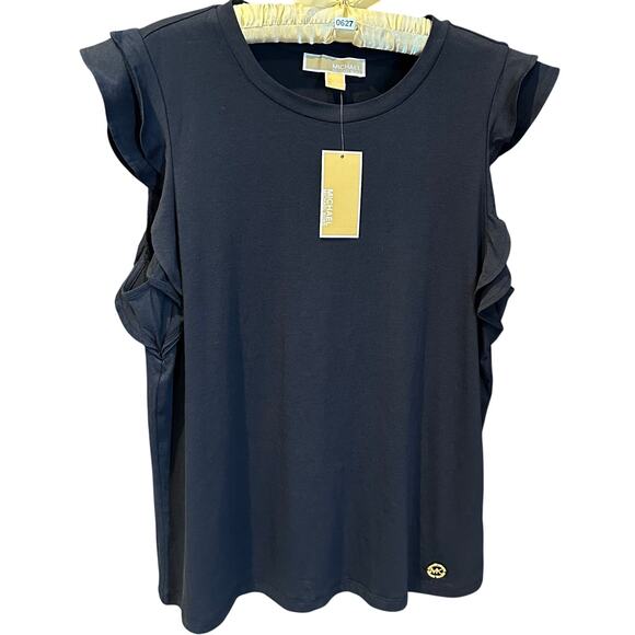 NWT, Michael Kors Women’s Size Large & XL Navy Tee w/Double Ruffle Sleeves, K627 - Picture 1 of 17